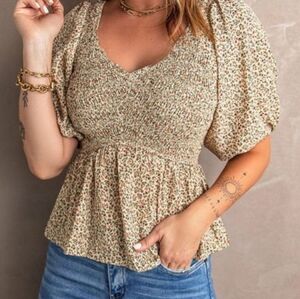 Acelitt puff sleeve peplum v-neck smoked blouse floral print size XL lik…